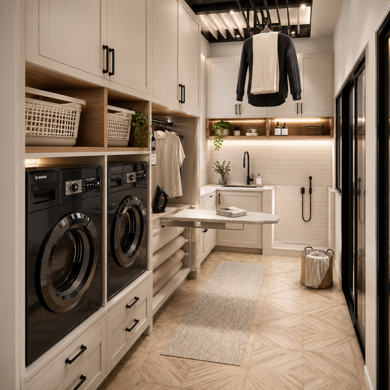 Laundry utility room with stacked storage, washing machines, sink and ironing station