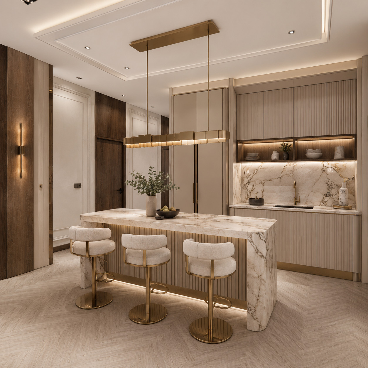 Modern luxe kitchen with marble island, champagne lighting and premium built-in cabinets