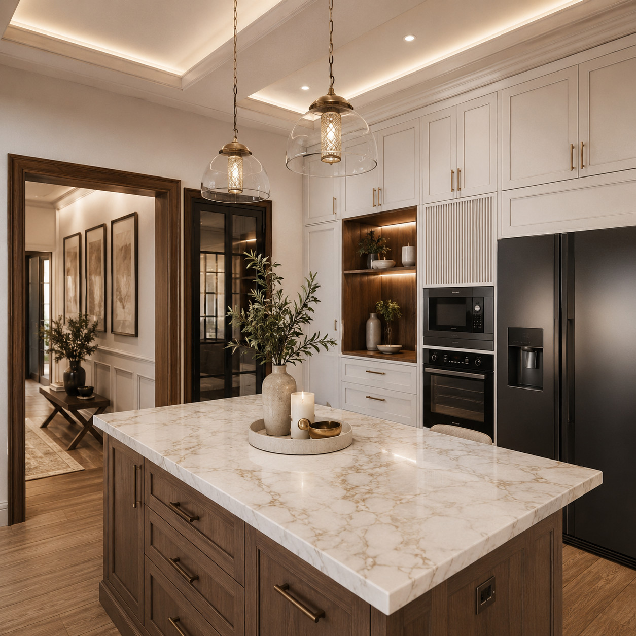 Natural luxe kitchen with wood island, marble countertop, pendant lights and warm neutral cabinetry