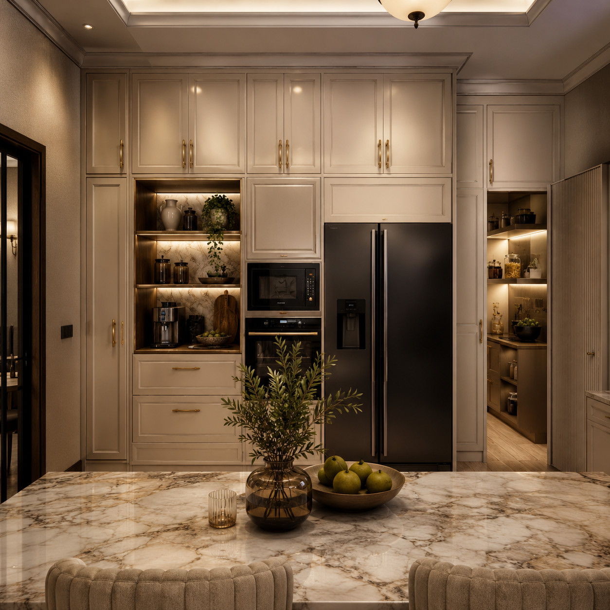 Premium kitchen mood with tall cabinetry, black refrigerator and warm display lighting