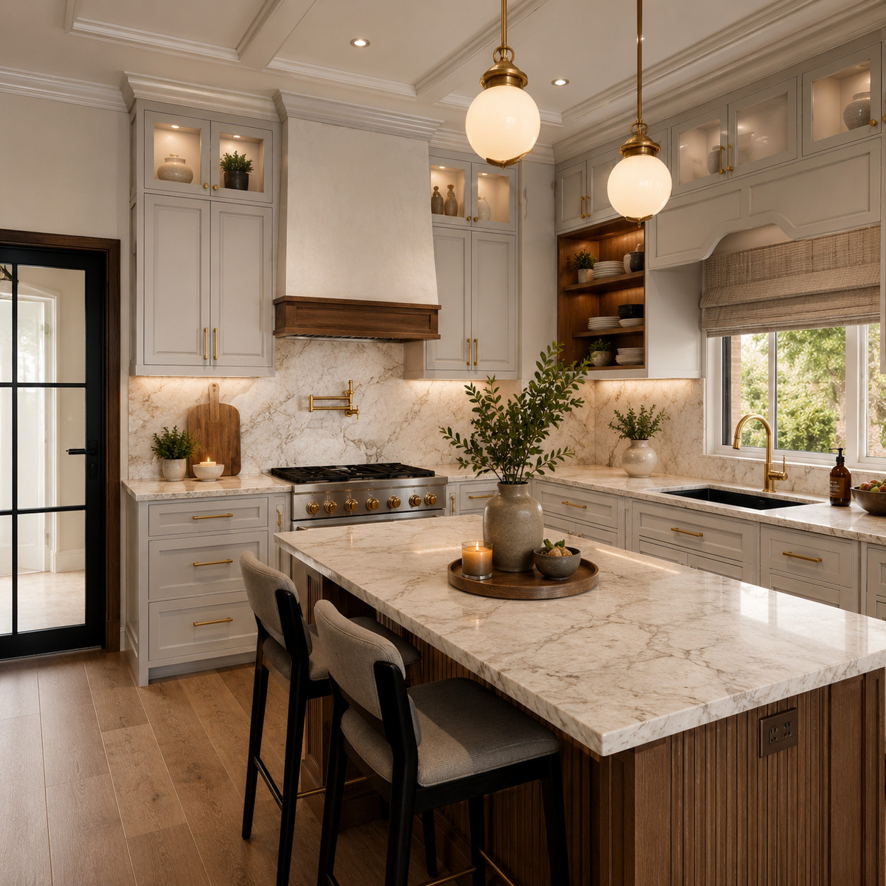 Soft classic kitchen with marble island, cream cabinets, wood trim and warm pendant lights