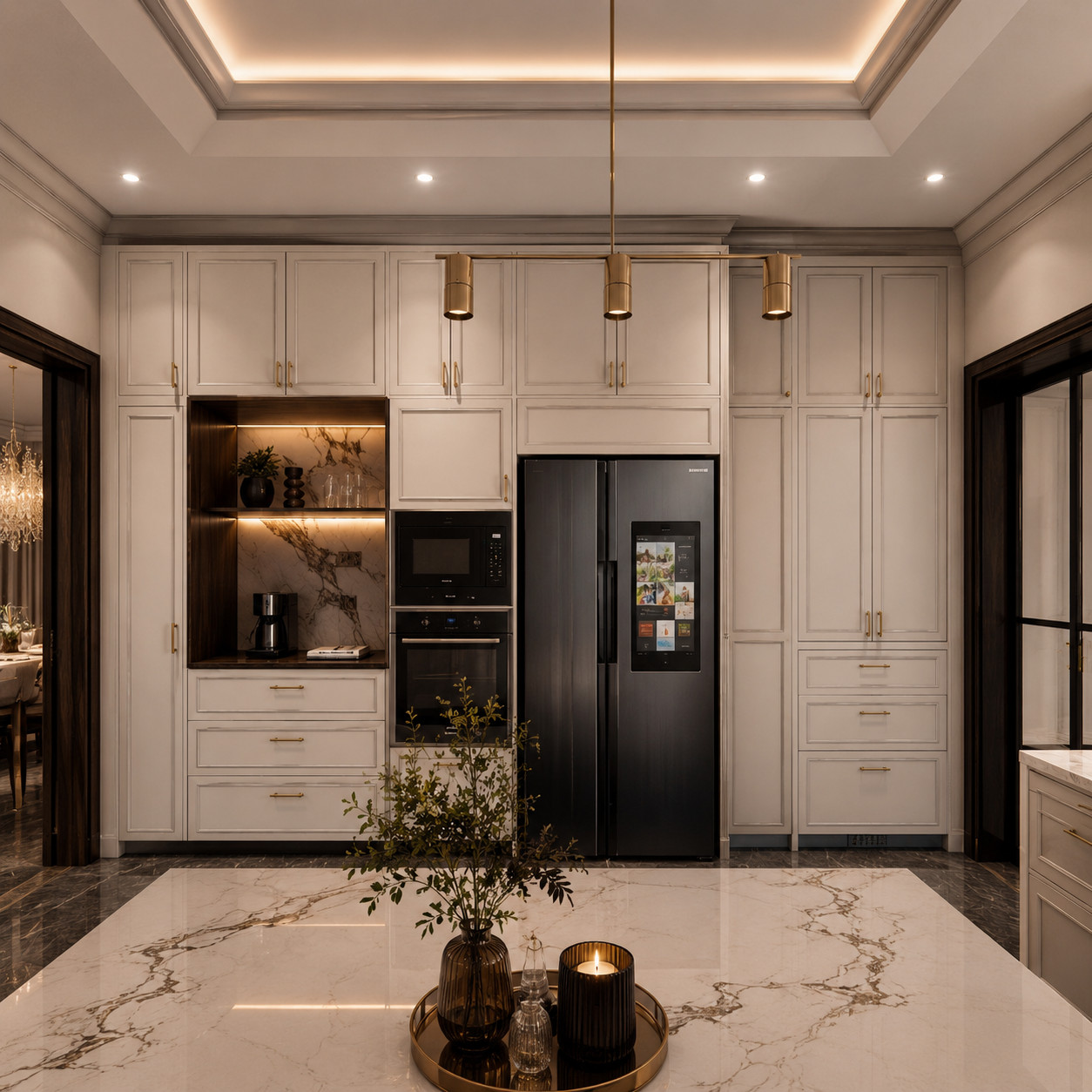 Tall kitchen cabinet wall with built-in appliances, refrigerator and marble island
