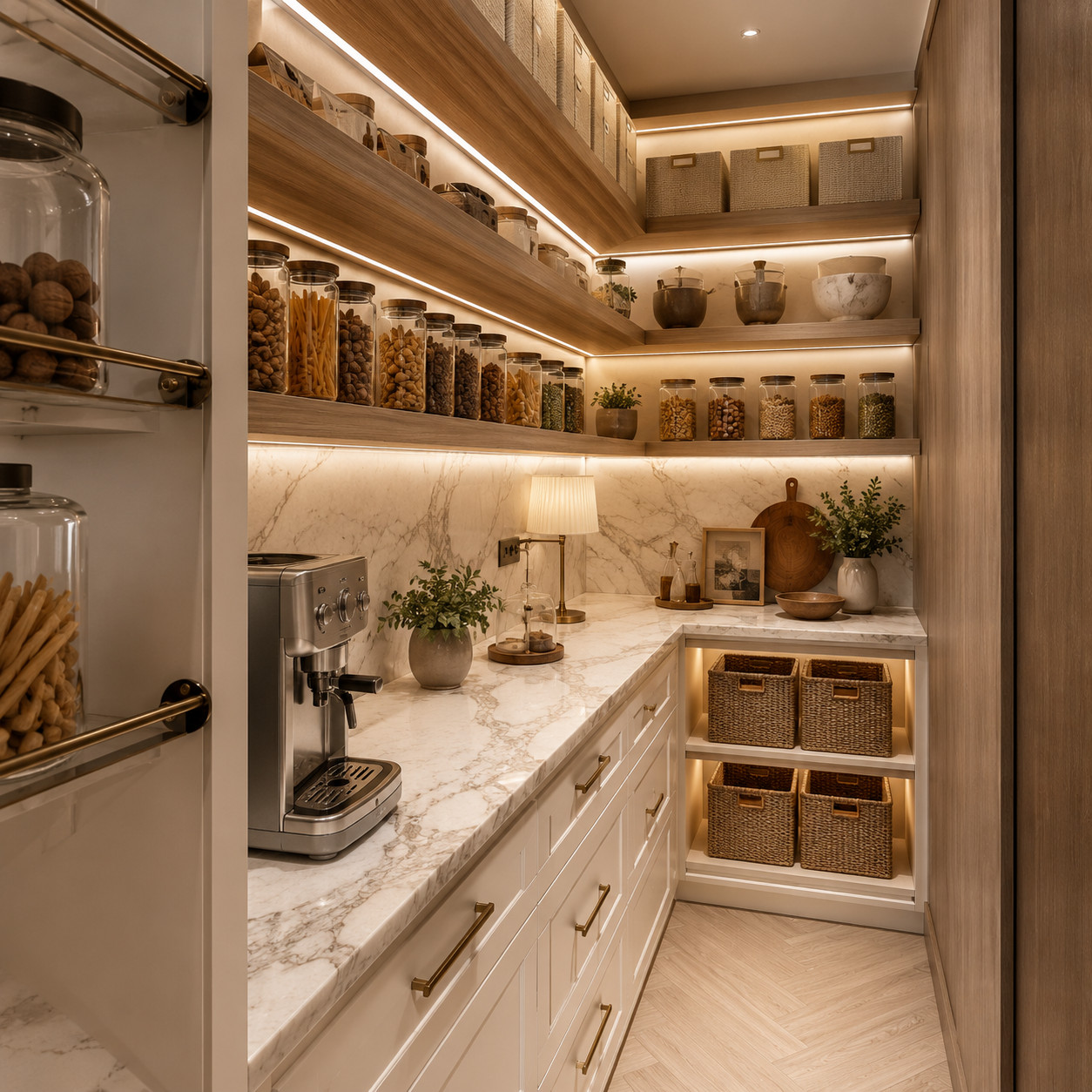 Walk-in pantry with open shelving, marble counter and warm under-shelf lighting